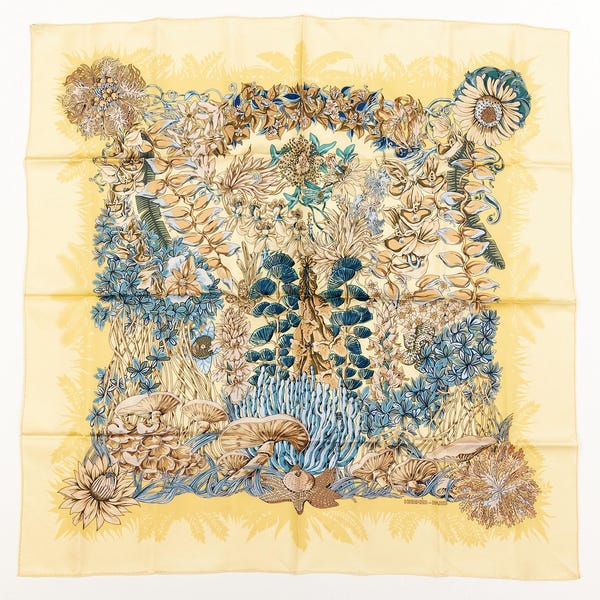 Hermes Silk Scarf Carre 90 "L’Ile Deserte" Yellow Silk Scarf