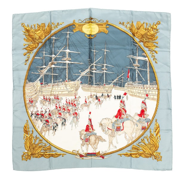 HERMES SCARF 90 "Marine Et Cavalerie" Light Blue 100% Silk Scarf 35"