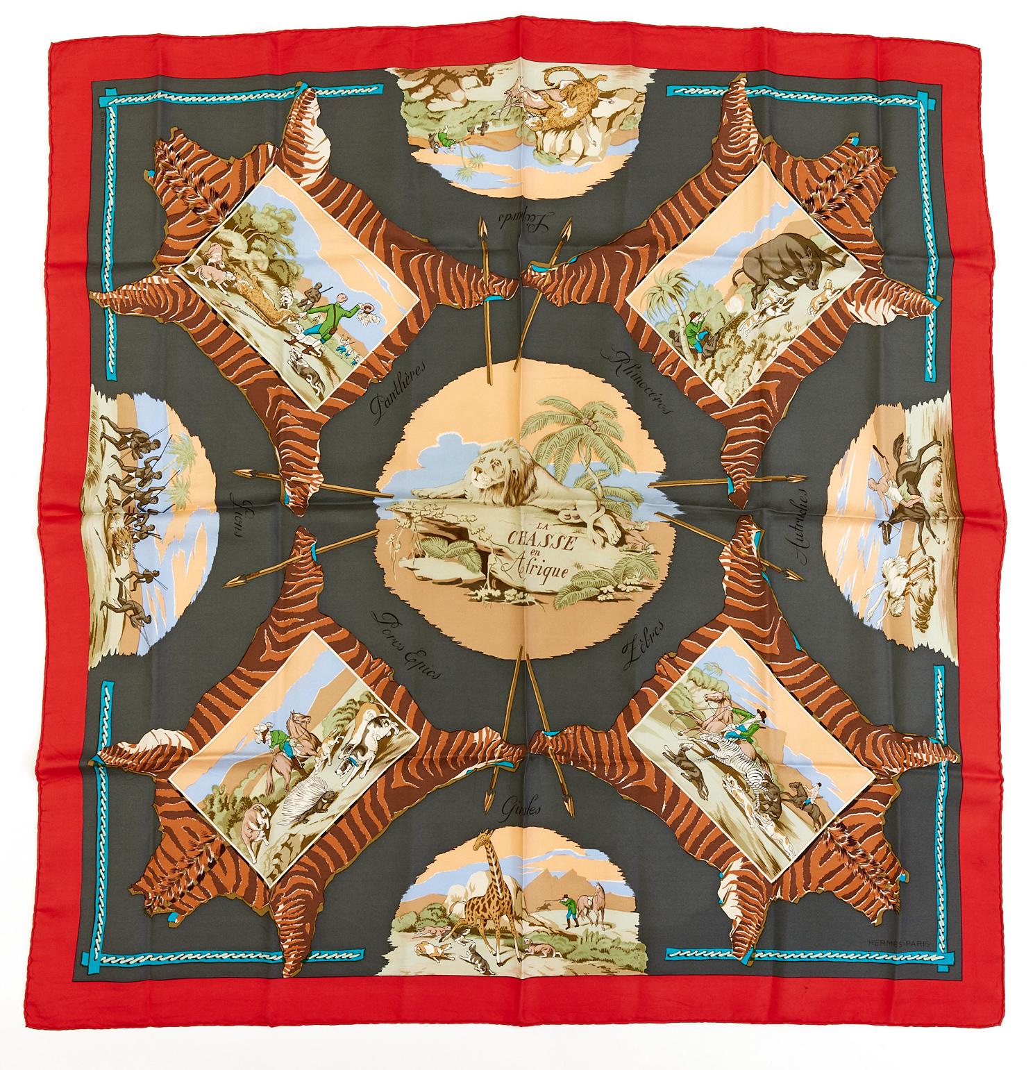 Hermes Carre 90 Scarf "La Chasse en Afrique" Red Silk Scarf