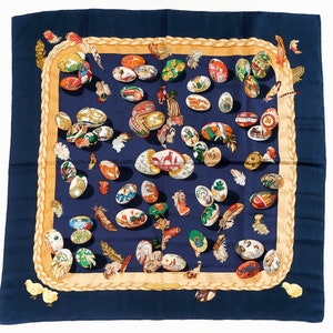 Hermes Carre 90 Scarf "Couvee d Hermes" Blue Silk Scarf 35" (B-)