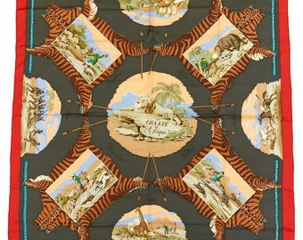 Hermes Silk Scarf Carre 90 &quot;La Chasse en Afrique&quot; Red Silk Scarf
