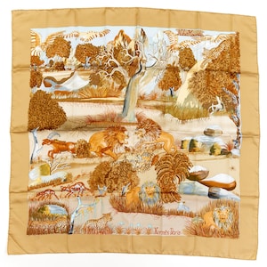 Hermes Scarf Carre 90 &quot;Nuba Mountain&quot; Brown Beige Silk Scarf