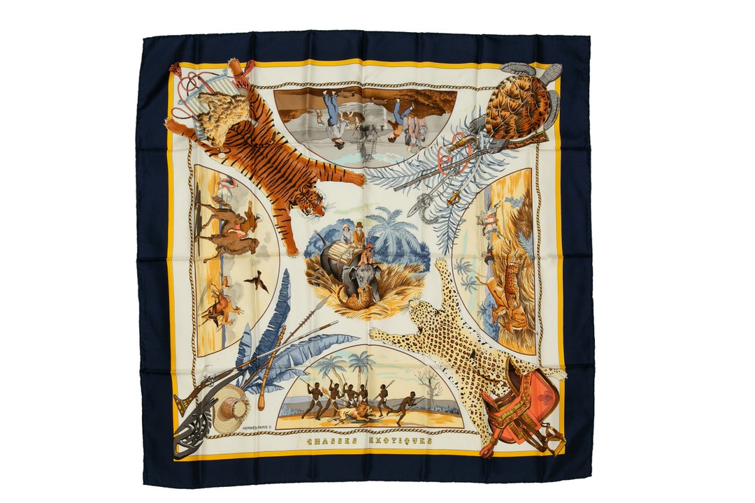 Hermes Scarf 90 Chasses Exotiques Black Multi Etsy