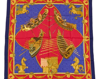 Hermes Silk Scarf Carre 90 "Les Bissone de Venise" Blue Silk Scarf  US Duty Free