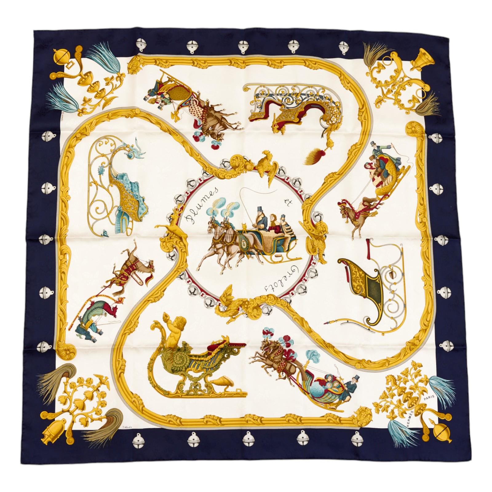 HERMES スカーフ カレ90　Plumes et Grelots エルメス シルクスカーフ カレ90 「PLUMES ET GRELOTS」 ブルー シルク