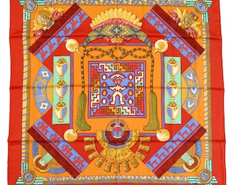 Hermes Silk Scarf Carre 90 "HUACA PiRU" Red,Orange Silk Scarf  US Duty Free