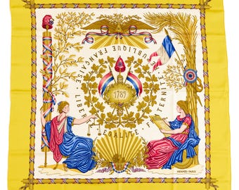 Hermes Silk Scarf Carre 90 "Liberte Egalite Fraternite Republique Francaise" Yellow Silk Scarf  US Duty Free