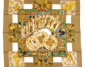 Mint! Hermes Silk Scarf Carre 90 "LE TAROT" Beige Silk Scarf  US Duty Free