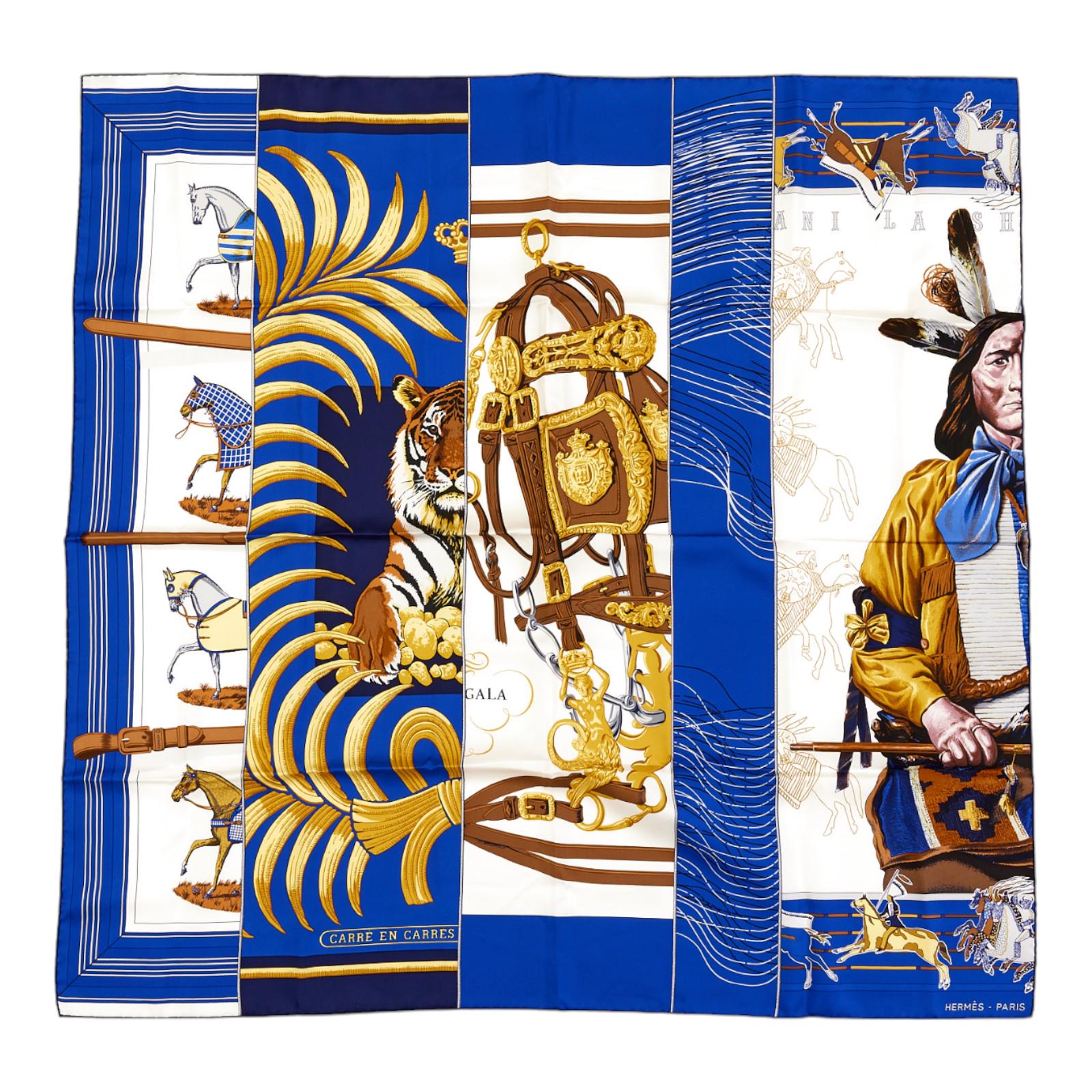 Rare! Hermes Silk Scarf Carre 90 "CARRE EN CARRES" Blue Silk Scarf