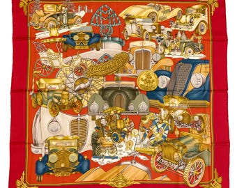Hermes Silk Scarf Carre 90 "Automobile" Red Silk Scarf  US Duty Free