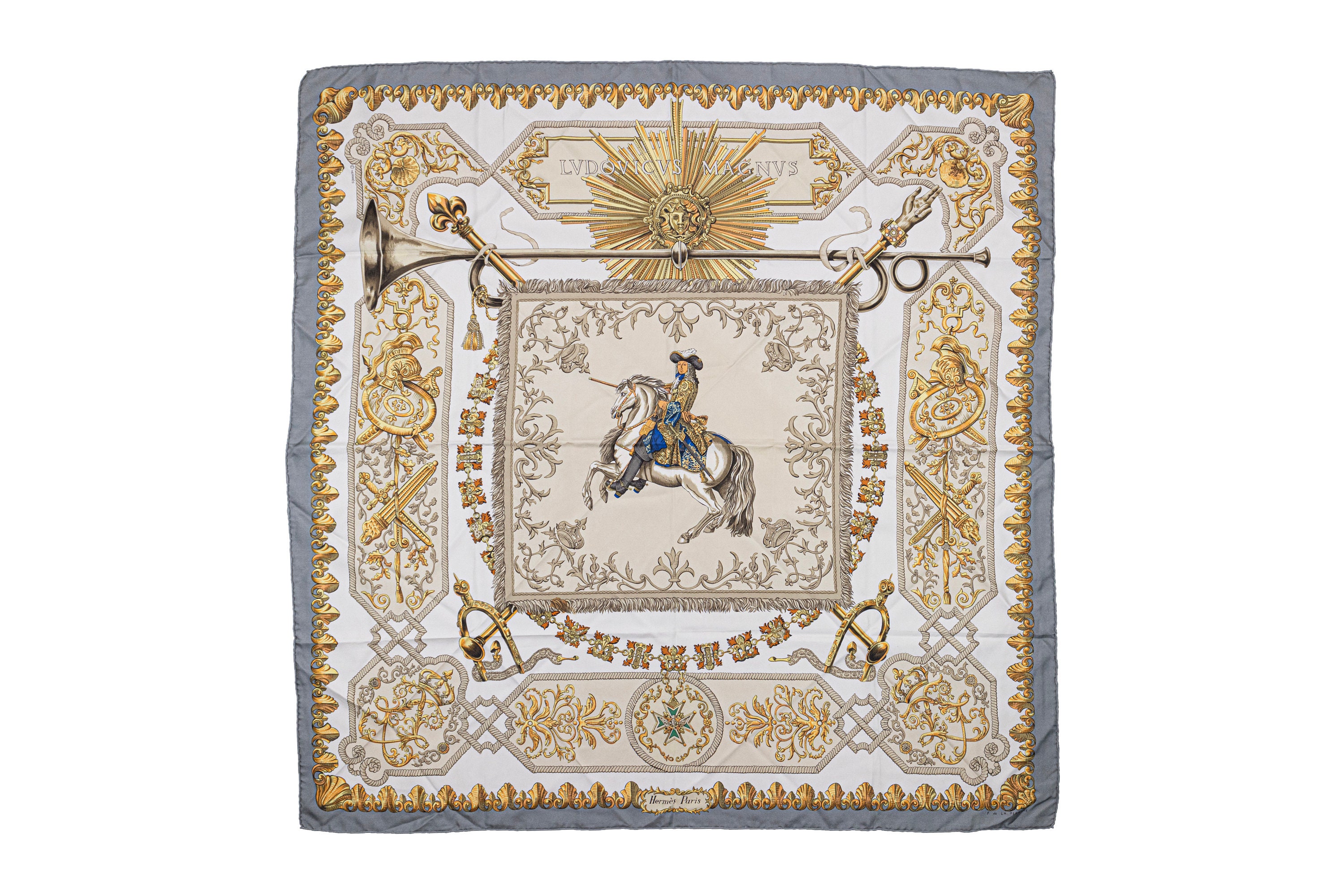 Hermes Scarf 90 lvdovicvs Magnvs White 100% Silk 