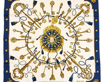 Hermes Silk Scarf Carre 90 "LES CLES" Blue Silk Scarf  US Duty Free