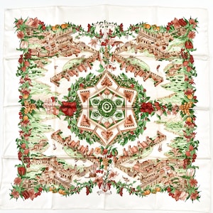 Hermes Scarf 90 "Au Pays de Cocagne" White 100% Silk Scarf 35"