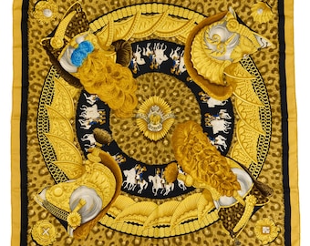 Hermes Silk Scarf Carre 90 "CASQUES et PLUMETS" Yellow Silk Scarf  US Duty Free