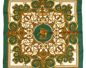 Mint! Hermes Silk Scarf Carre 90 "LES TUILERIES" Green Silk Scarf  US Duty Free