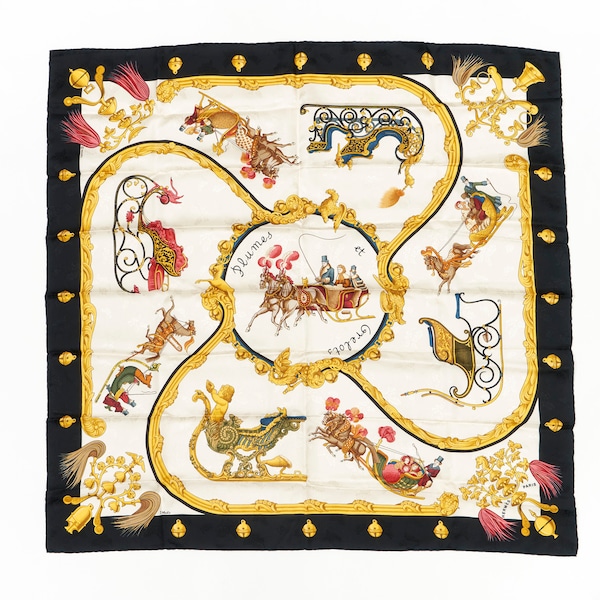 Hermes Scarf 90 "PLUMES ET GRELOTS" Black 100% Silk Scarf 35"