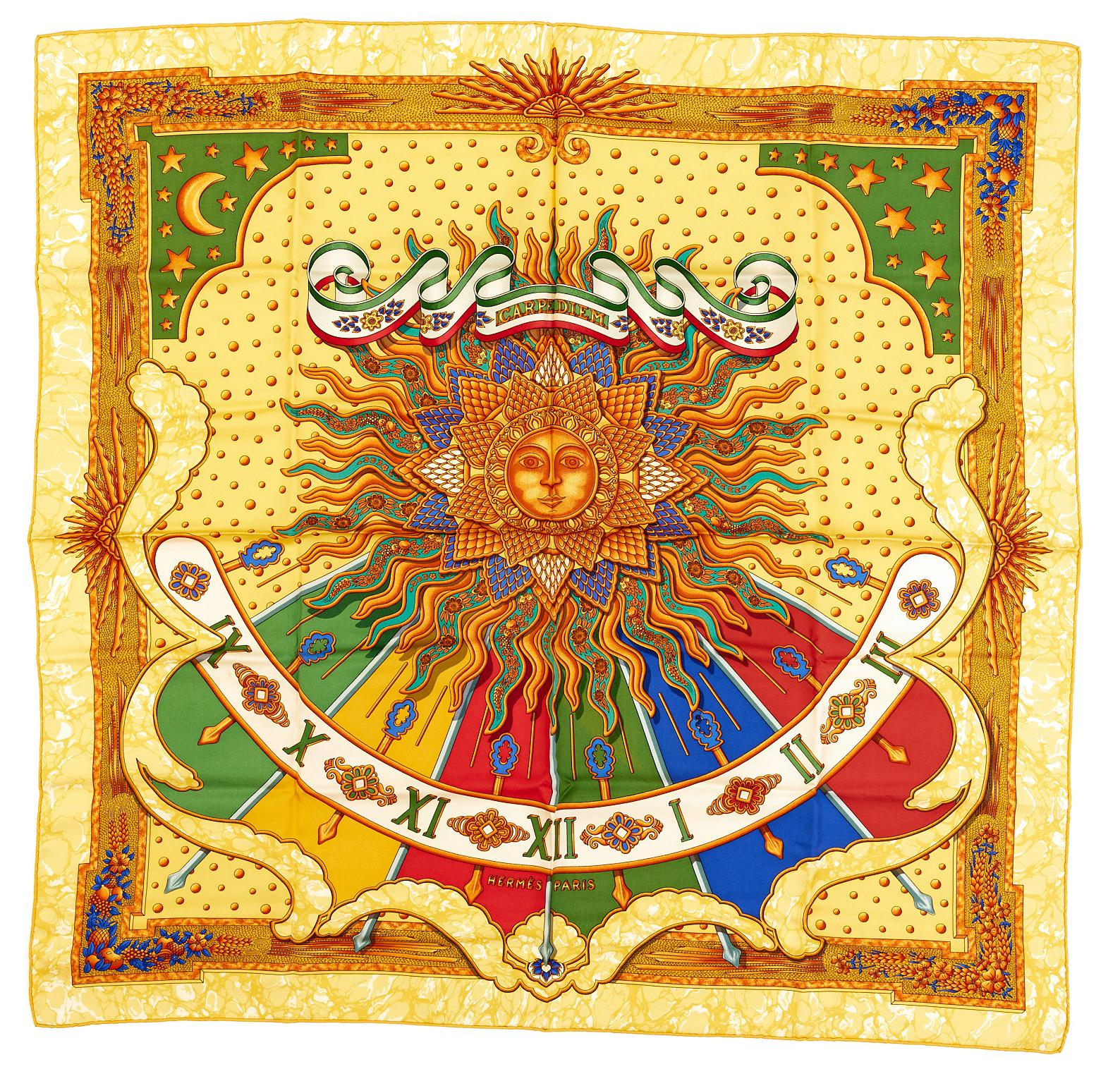 Hermes Silk Scarf Carre 90 "CARPE DIEM" Yellow Silk Scarf