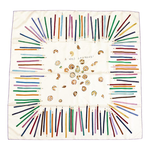 Hermes Silk Scarf Carre 90 "A vos Crayons" White Silk Scarf