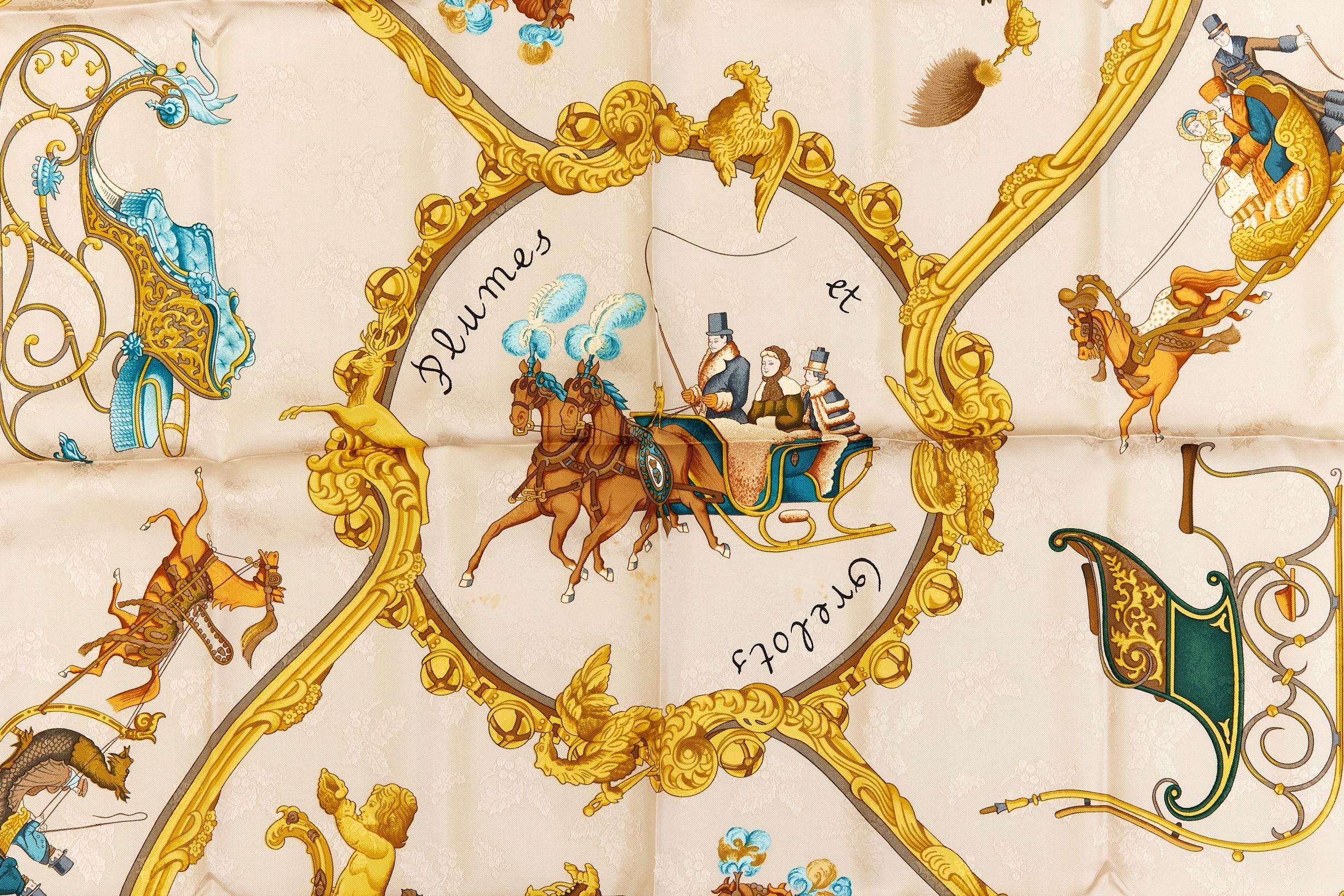 エルメス シルクスカーフ カレ90「PLUMES ET GRELOTS」 ベージュ