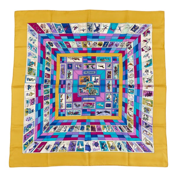 Hermes Silk Scarf Carre 90 "CORRESPONDANCE" Yellow Silk Scarf