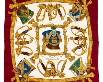 Hermes Silk Scarf Carre 90 "GRAND UNIFORME" Red Silk Scarf  US Duty Free