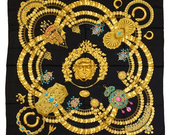 Hermes Silk Scarf Carre 90 "KOSMIMA" Black Silk Scarf  US Duty Free