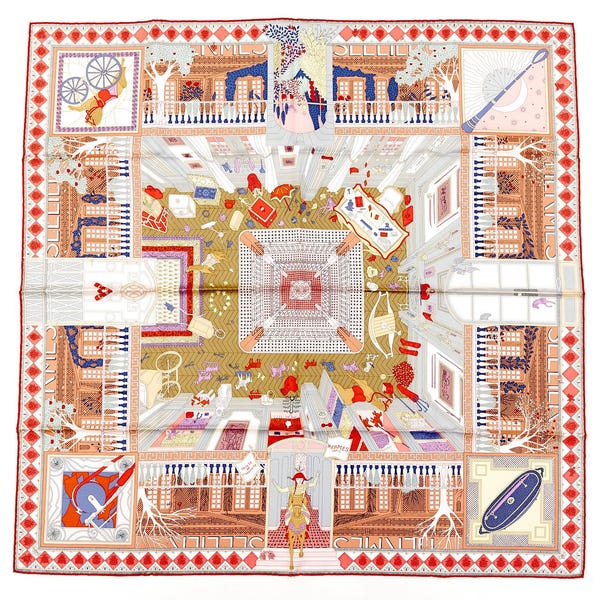 Mint! Hermes Silk Scarf Carre 90 "OBJETS DE CURIOSITE" Red Silk Scarf
