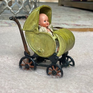 Vintage Kilgore Cast Iron Baby Carriage with Vintage Mini Italian Celluloid Baby Boy Doll