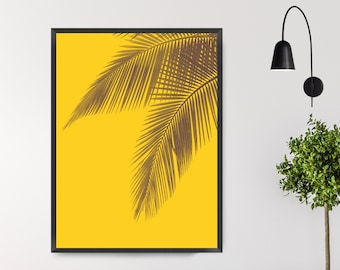 Palm Leaves Print, Tropical Leaf Yellow Wall Art Printable, Botanical Beach art Prints, Palm Tree Minimalist Decor, Instant Digital Poster