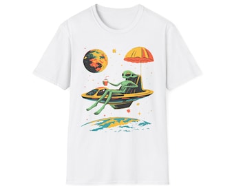 Alien Vacation T-Shirt | Unisex Softstyle Tee, Casual Wear, Gift for Space Lovers, Fun Summer Shirt, Quirky Graphic Tee