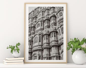 Hawa Mahal zwart-wit reisfotografie print: Rajasthan muurkunst (digitale download)