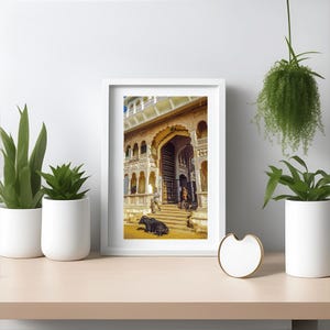 May include: A framed photograph of a black cow sitting in front of a large, ornate, yellow building with a doorway. The building has a series of arches and intricate details.