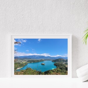 Puede incluir: Una fotografía enmarcada de un lago con una pequeña isla en el medio. El lago está rodeado de árboles y montañas en la distancia. El cielo es azul con nubes blancas.
