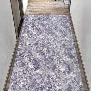 Machine Washable Non-Slip Runner: Custom Sizes, Abstract Gray-Purple Design, Marble-Effect, Soft Hallway & Living Room Rug - ALGKGRIMOR