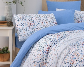 Juego de cama con estampado geométrico: funda nórdica, sábana y funda de almohada para cama individual. Diseño suave, cómodo y moderno para cualquier habitación. MSH-BLUEM