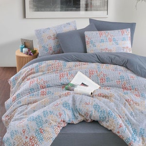 Conjunto de capa de edredom abstrata multicolorida com lençol com elástico e fronhas, roupa de cama geométrica elegante para quarto moderno - MSH-MAPS