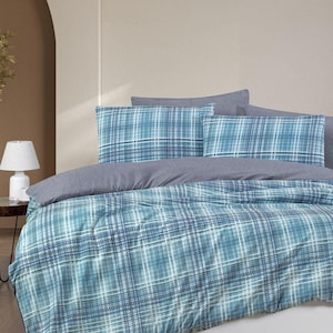 Classic Plaid Bedding Set - Single Bed Duvet Cover, Sheet and Pillowcases - Soft and Comfortable Blue Design for a Relaxing Room - MSH-EKOSE