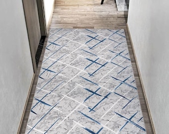 Custom Size Non-Slip Runner: Blue and Gray Geometric Marble Design, Machine Washable, Modern and Soft Hallway Rug - ALGXMAVI