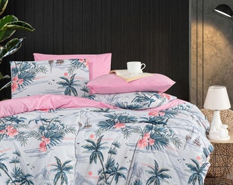 Palm Tree and Flower Duvet Cover Set with Fitted Sheet & Pillowcases, Pink Tropical Bedding for Summer Bedroom Decor - MSH-PALMIYE