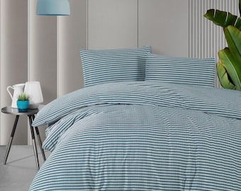 Striped Green Duvet Cover Bedding Set with Fitted Sheet and Pillowcases – Stylish and Comfortable Bedding for Every Bedroom - MSH-SATENYESIL