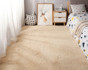 Cozy Beige Shaggy Rug: Custom Sizes Available, Non-Slip Washable Runner, Soft Fluffy Area Rug for Living Room & Bedroom - ALGPELUSVIZON