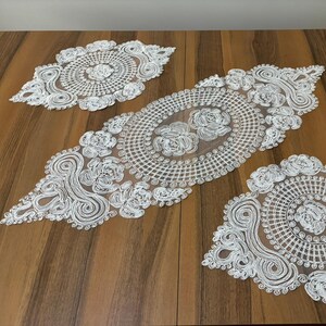 Oval Floral Cream Lace Table Runner and Doilies with Delicate Scroll Embroidery for Dining Room, Living Room or Event Decor