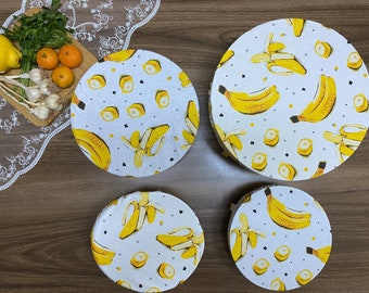 Set Of 4 Adjustable Dish and Bowl Cover,Banana Print, Eco-Friendly Bowl Cover,Reusable Zero Waste Cotton Cover, BC143-SET