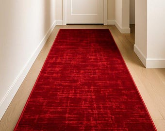 Red Turkish Runner Rug with Anti-Slip Backing – Modern Washable Hallway Carpet for Home & Hotel Decor, BHJ1009