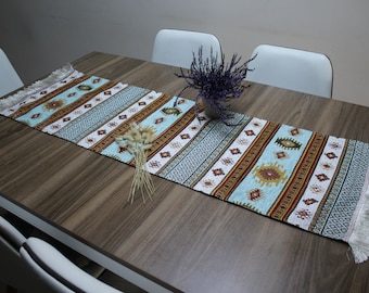 Turquoise Turkish  Table Cloth Runner, Boho Table Runner For Wedding, Kilim Design Table Runner, Ethnic Home Decor, Table Runner Long,RNR130