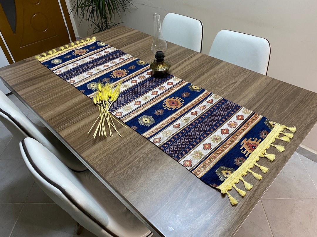 Dark Blue Kilim Pattern Turkish Coffee Table Cloth Runner, Aztec