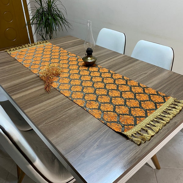 Orange Peacock Tail Turkish Coffee Table Cloth Runner,  Vibrant Wedding Oriental Table Runner, Turkish Dowry Chest Cloth, RNR250