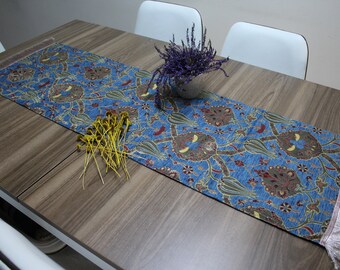 Blue Turkish Table Runner: Tulip Floral Boho Decor (17.32" x 58.26")