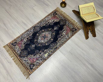 Dark Blue Prayer Mat with Tasbeeh, Prayer Bohemian Rug, Turkish Prayer Rug, Muslim Janamaz, Namaz Rug, Musallah, Islamic Gift, RNR472