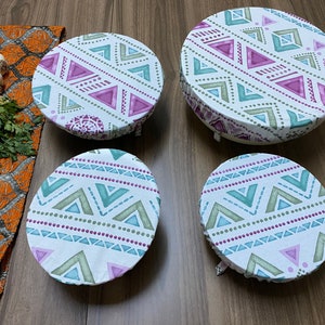 Set Of 4 Adjustable Dish and Bowl Cover, Geometric Print, Eco-Friendly Bowl Cover, Reusable Zero Waste Cotton Cover, Cooks Gift, BC139-SET